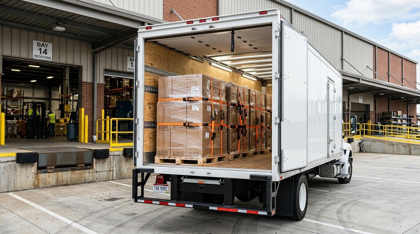 SRO 26 FT Box Truck Rear Cargo Doors Loaded with Palletized Freight at Dock
